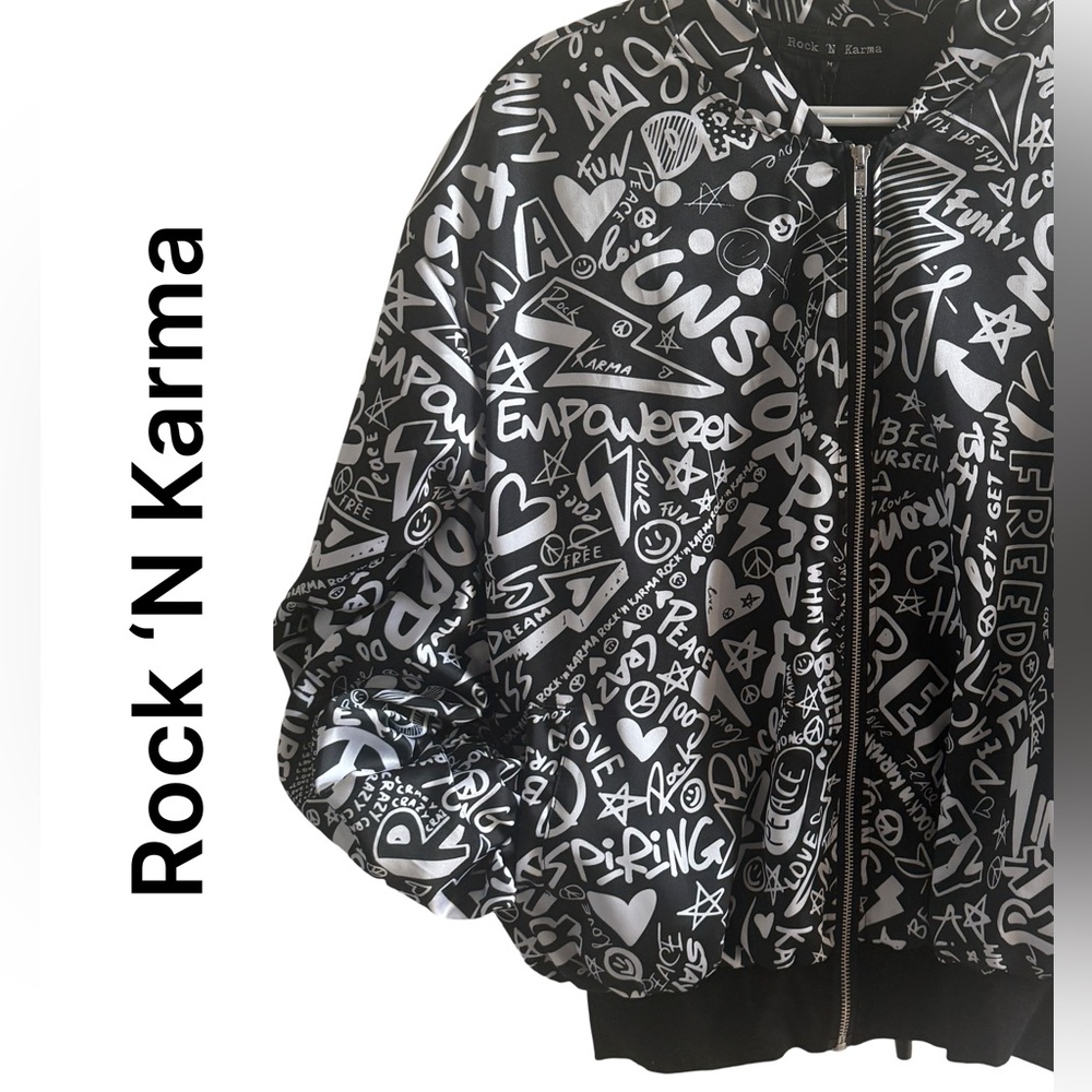 NWT Rock N’ Karma oversized satin bomber jacket sz M with LOVE sequins on back